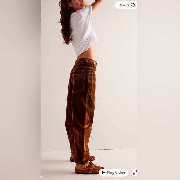 NWT size 28 Free People We The Free Moxie Flocked Pull-On Barrel Jeans Burnt Rus - Picture 3 of 10